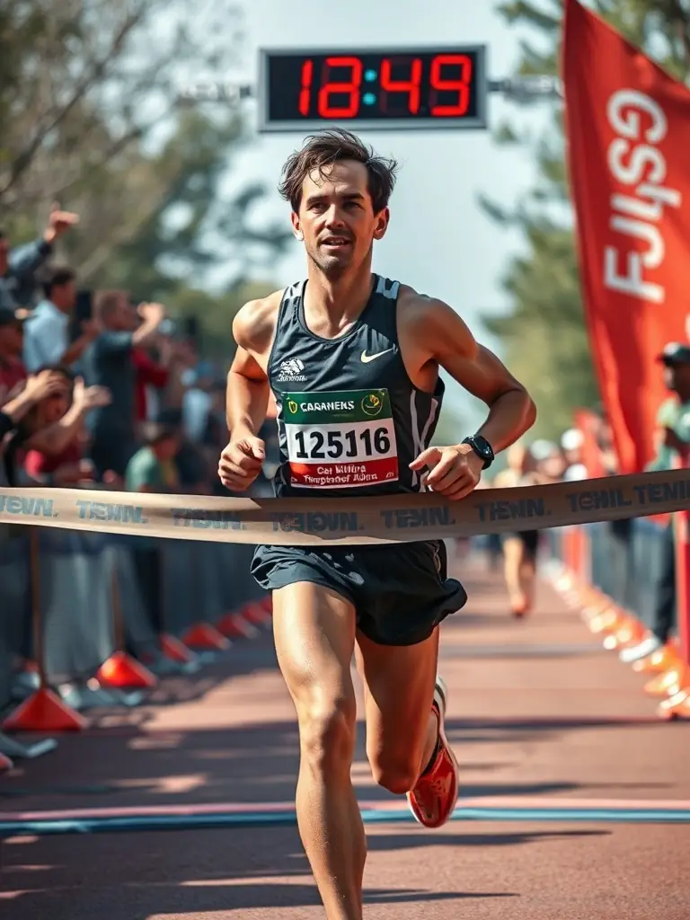 A runner achieving a personal best during a MLK SPORTS RUNNING timed event, capturing the sense of accomplishment and personal growth.