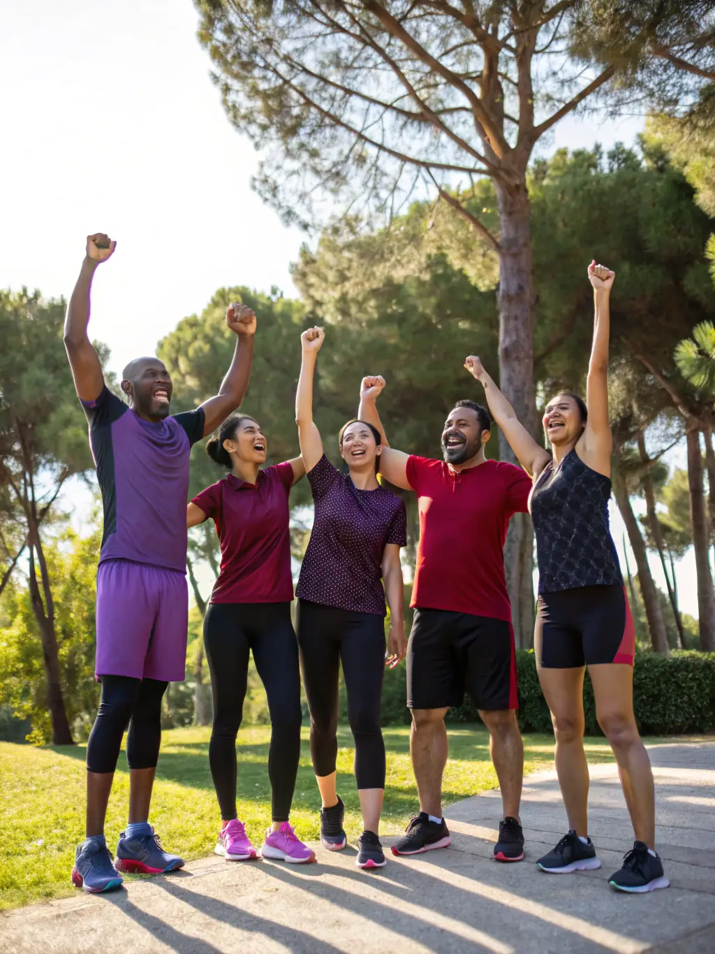 A group of diverse runners smiling and high-fiving after completing a 5k race organized by MLK SPORTS RUNNING, showcasing the sense of accomplishment and community.