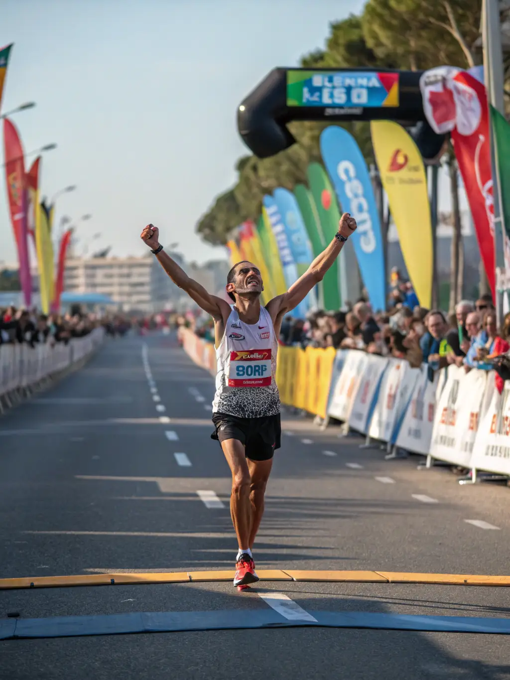 A runner crossing the finish line with a look of determination and joy, representing the personal growth and achievement facilitated by MLK SPORTS RUNNING.