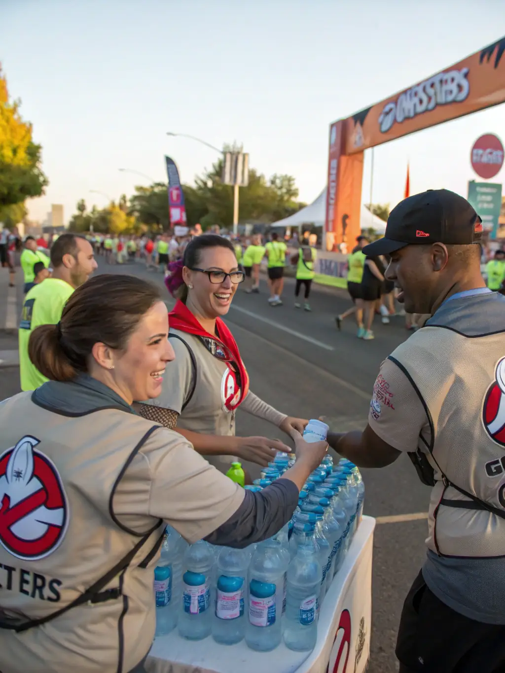 A photo of volunteers assisting runners during a water break at an MLK SPORTS RUNNING event, emphasizing the organization's commitment to community support.