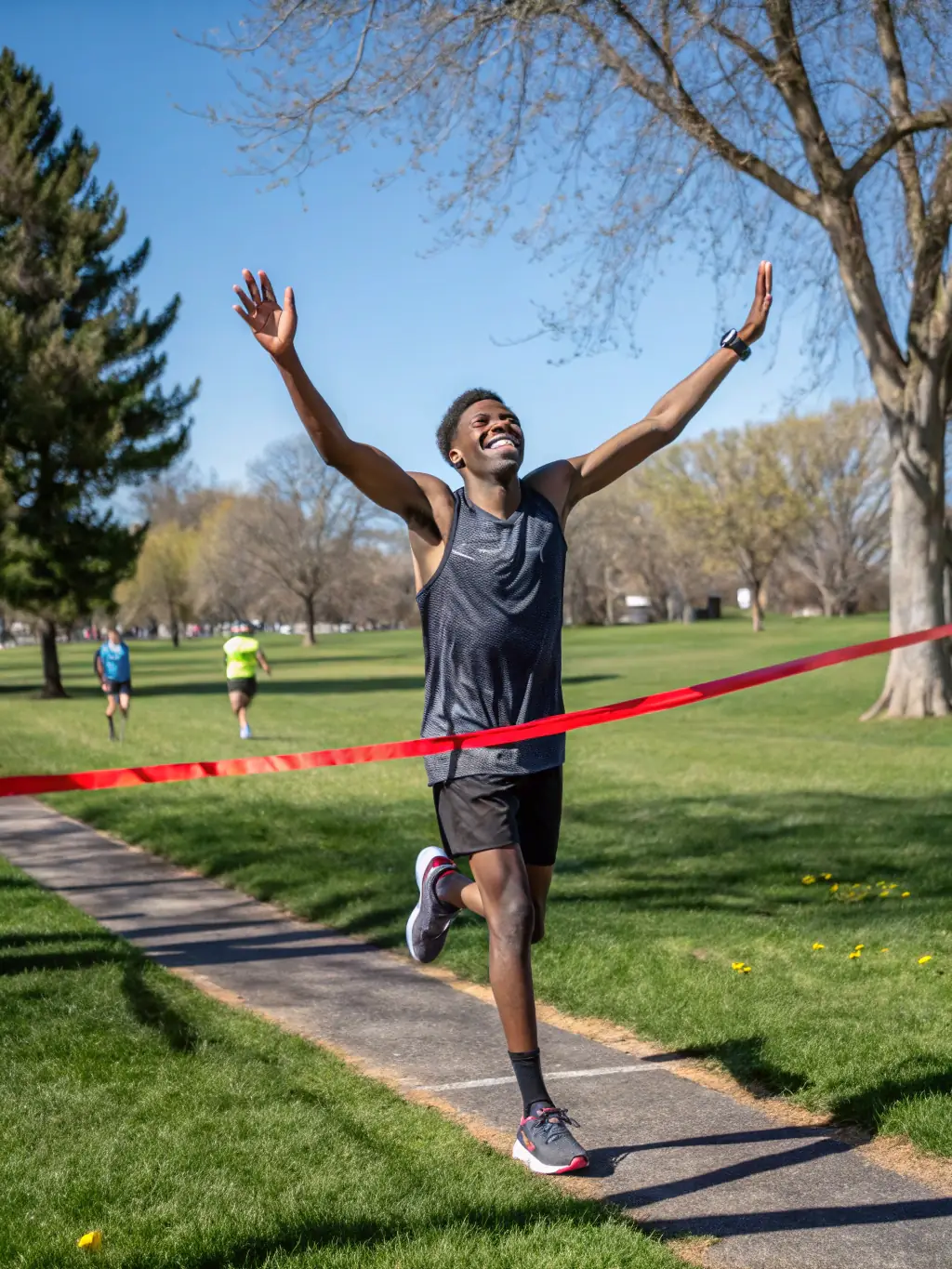 A group of diverse runners participating in a 5k race, smiling and supporting each other, showcasing the community aspect of MLK SPORTS RUNNING.