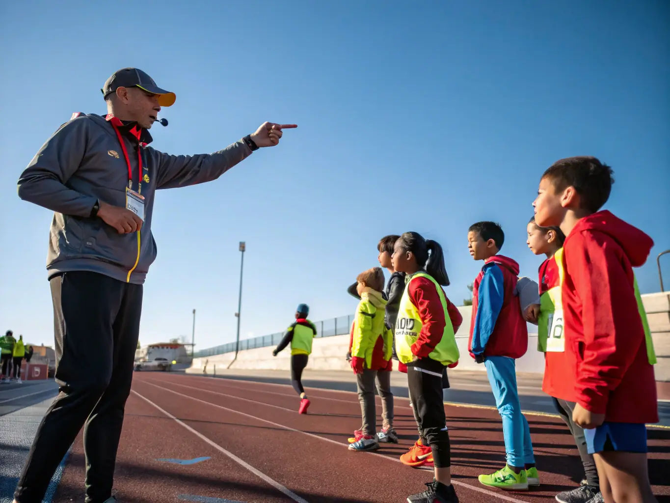 A photograph of a running clinic in session, with a coach providing guidance to participants on proper running form and technique. The setting is a track field, and the participants are focused and engaged.