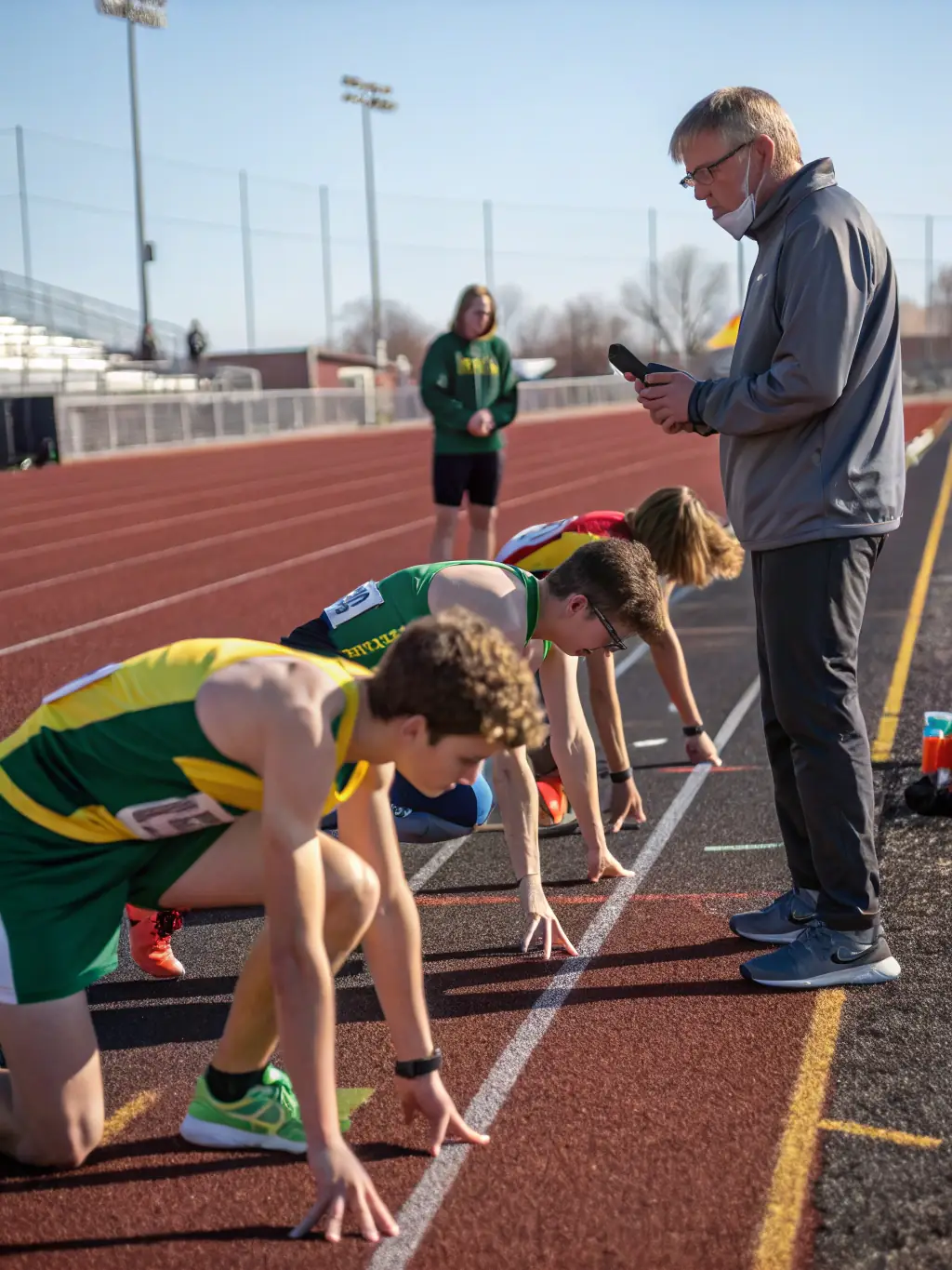 A group of diverse runners stretching and warming up before a MLK SPORTS RUNNING event, with a focus on injury prevention and proper technique.