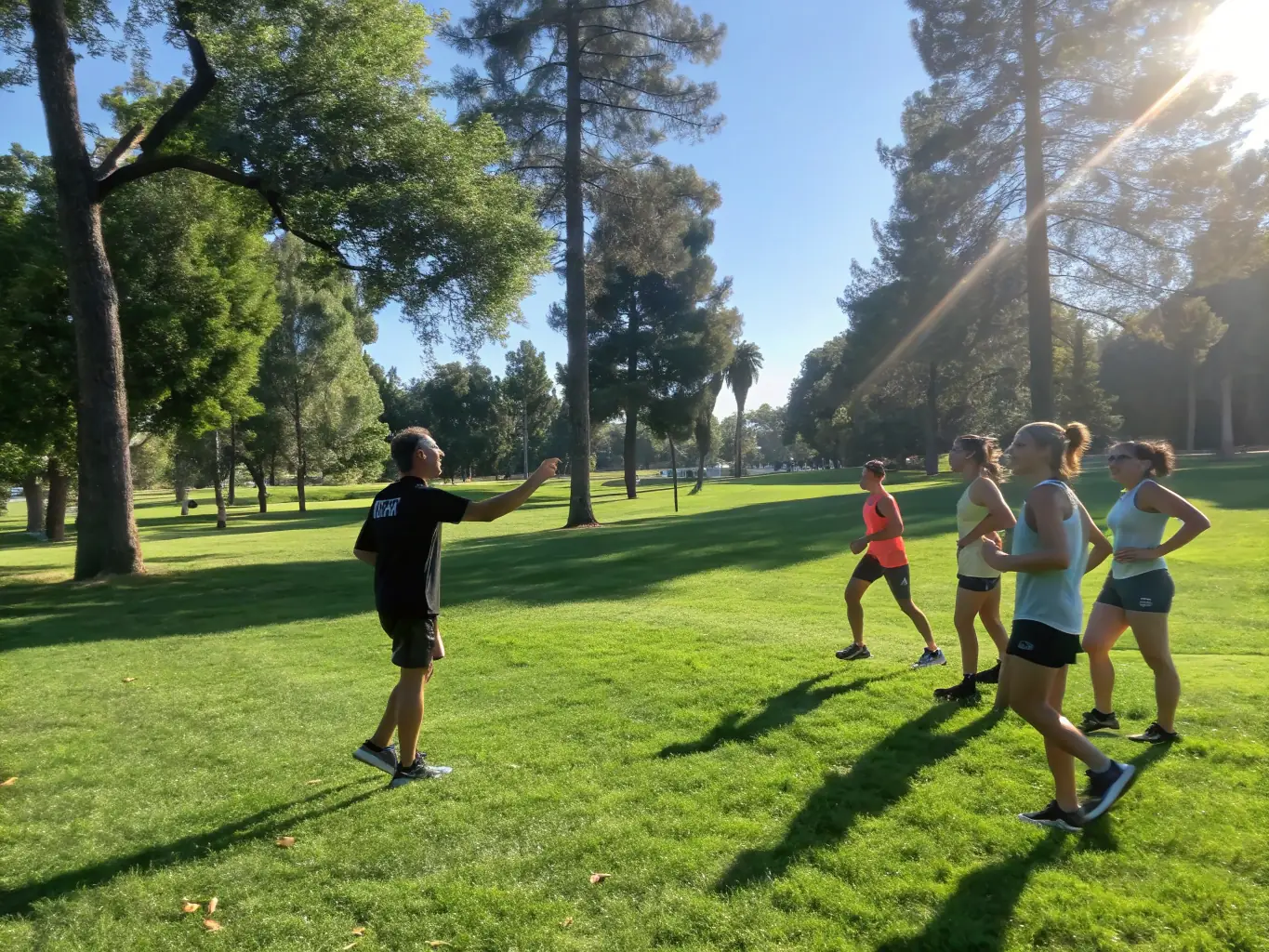 A group of young athletes participating in a youth running program, with coaches leading them through drills and exercises. The setting is a park, and the children are smiling and having fun.