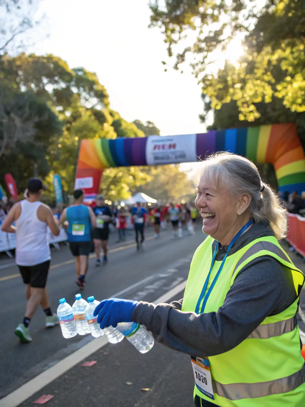 Volunteers assisting at a water station during a marathon, highlighting the importance of community support and involvement.
